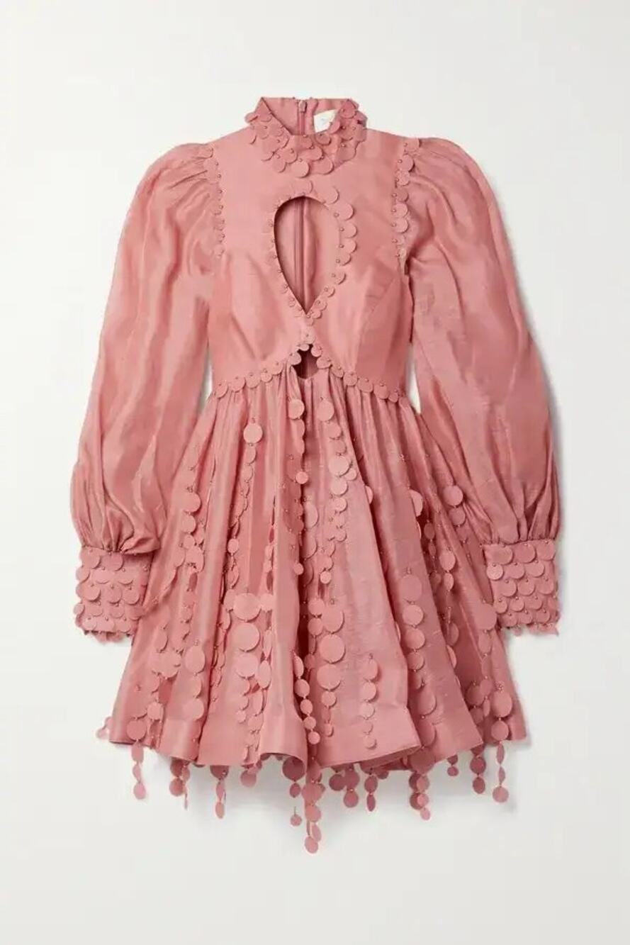 Zimmermann Concert Disc Silk Linen Mini Dress Pink Cutout Runway Size Medium